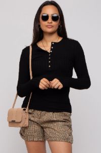 Black Ribbed Knit Button Long Sleeve Top sold by Pinkblush