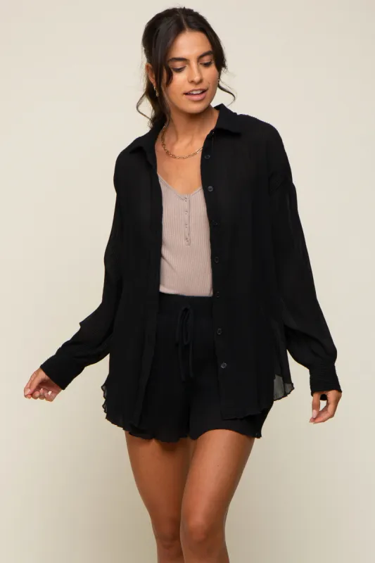 Black Pleated Long Sleeve Short Set sold by Pinkblush