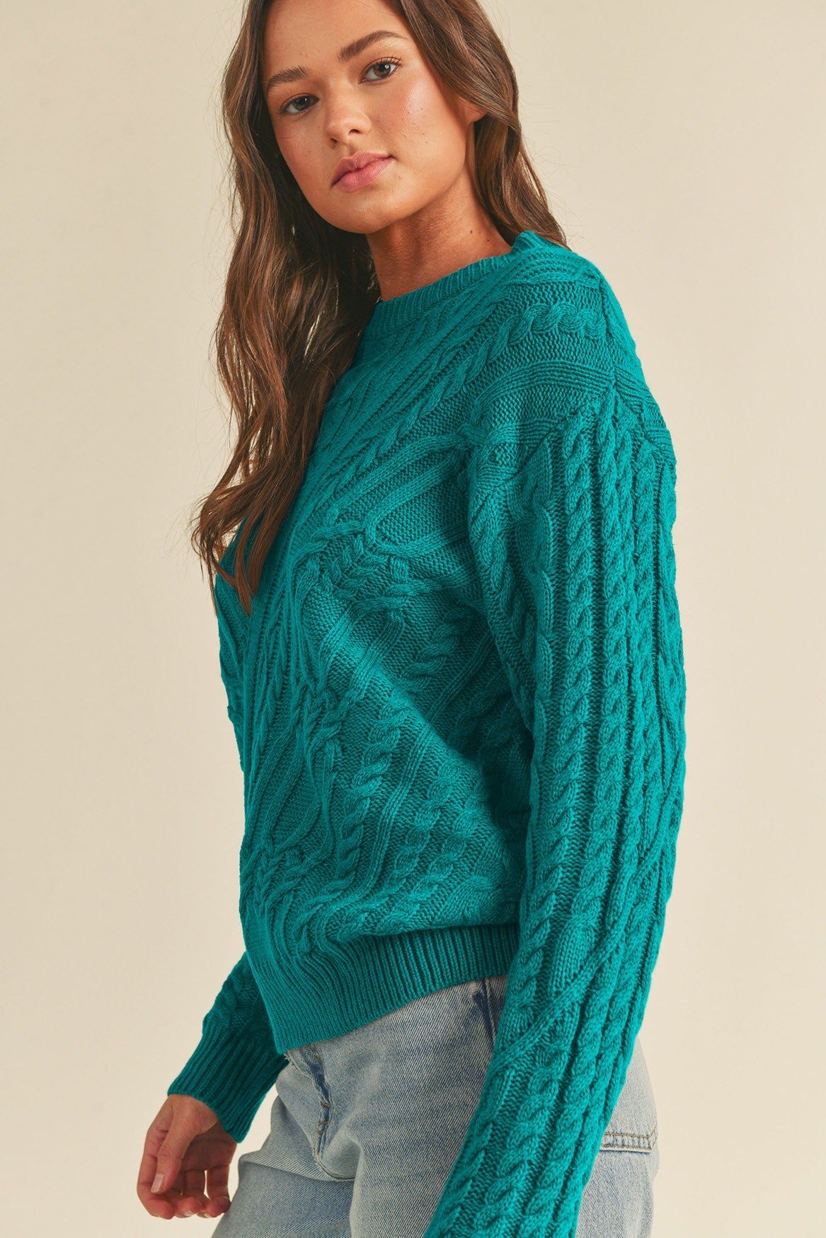 Green Chunky Cable Knit Crew Neck Sweater sold by Pinkblush product image thumbnail 3