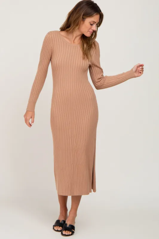 Camel Ribbed Side Slit Midi Sweater Dress sold by Pinkblush
