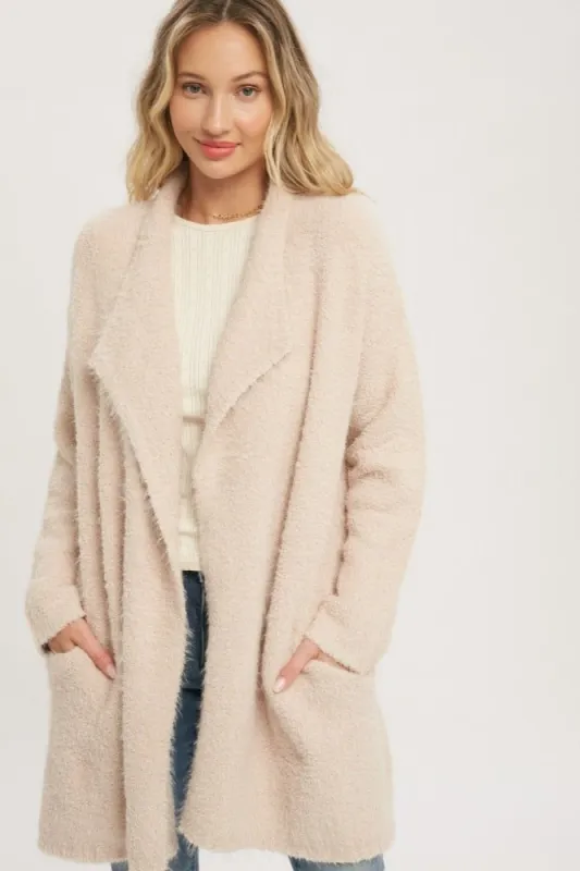 Beige Fuzzy Knit Draped Cardigan sold by Pinkblush