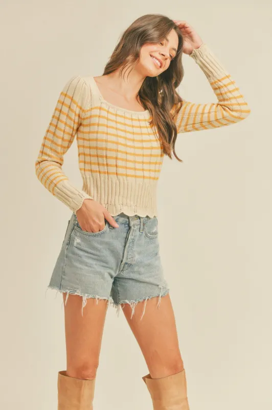 Cream Striped Sweater With Scalloped Pointelle Hem sold by Pinkblush