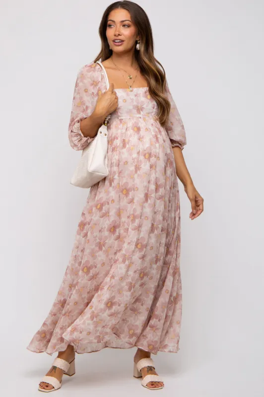 Ivory Floral Chiffon Square Neck Maternity Midi Dress sold by Pinkblush