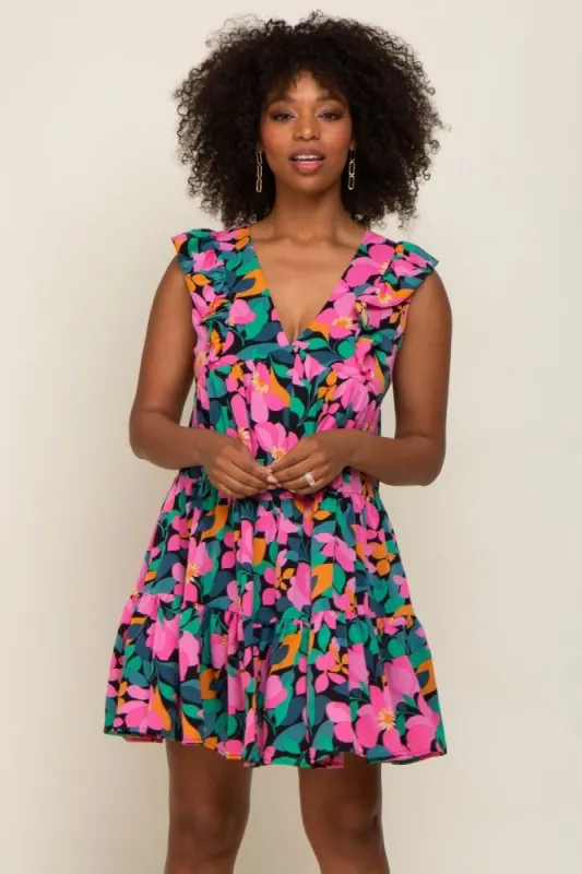 Black Floral V-Neck Ruffle Shoulder Tiered Dress sold by Pinkblush