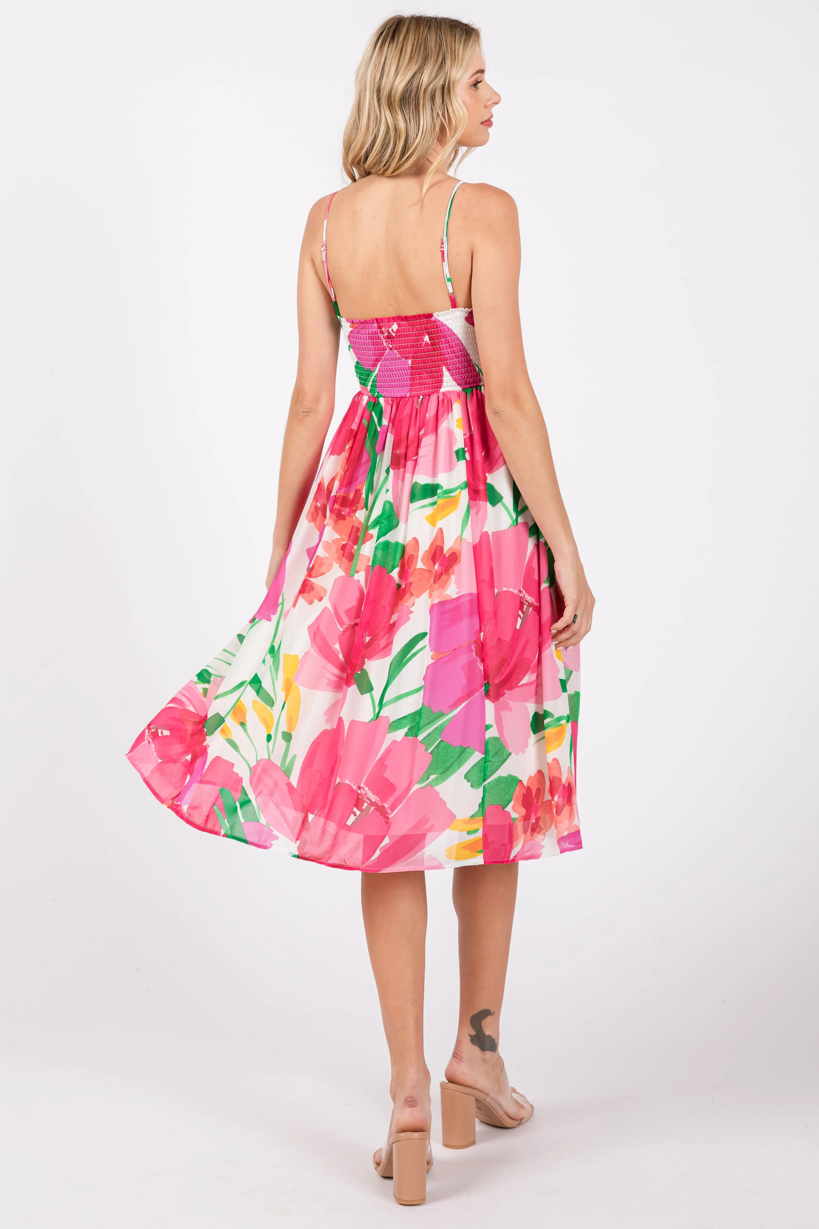 Pink Floral Smocked Chiffon Midi Dress sold by Pinkblush product image thumbnail 3