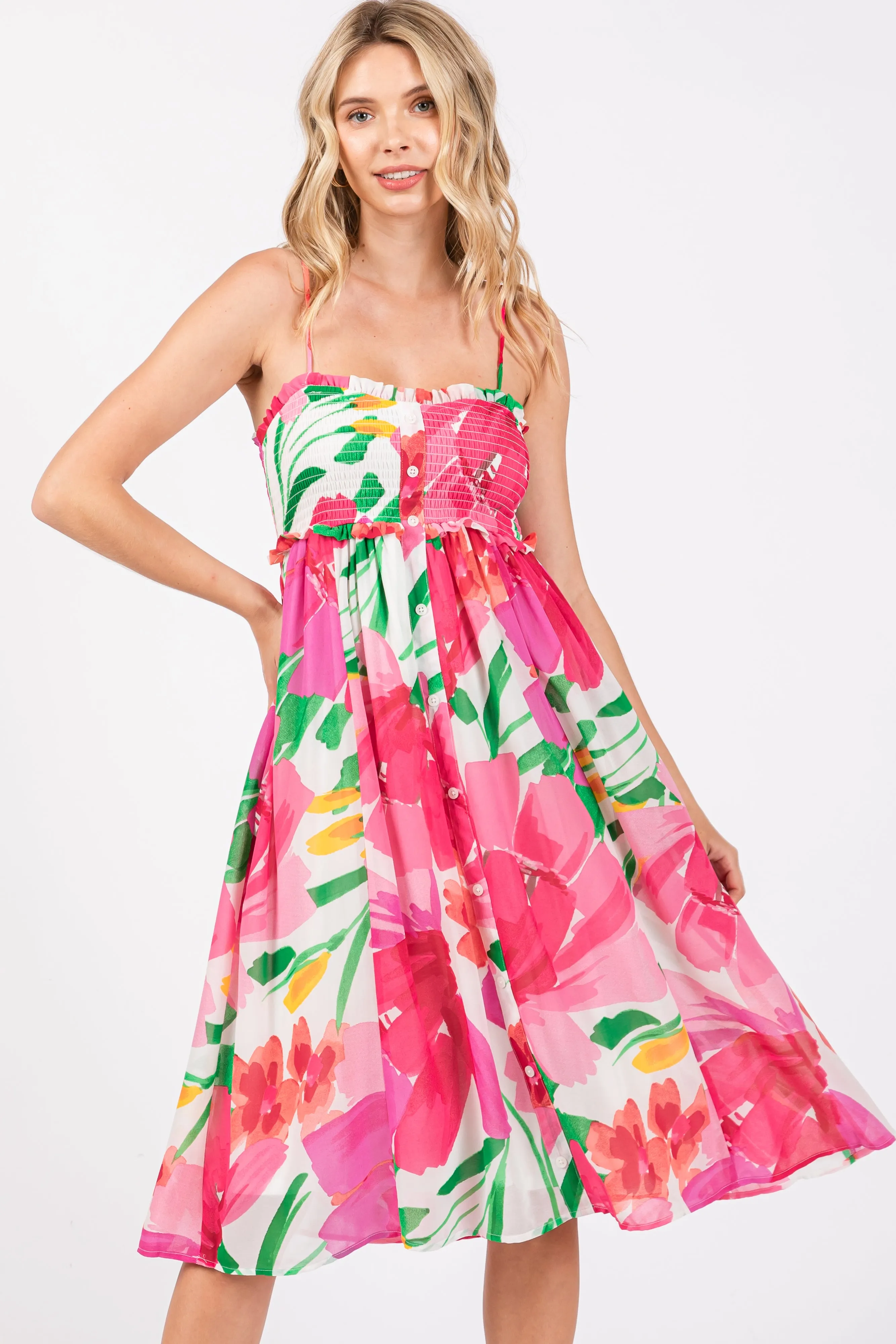 Pink Floral Smocked Chiffon Midi Dress sold by Pinkblush product image thumbnail 4