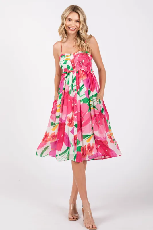 Pink Floral Smocked Chiffon Midi Dress sold by Pinkblush
