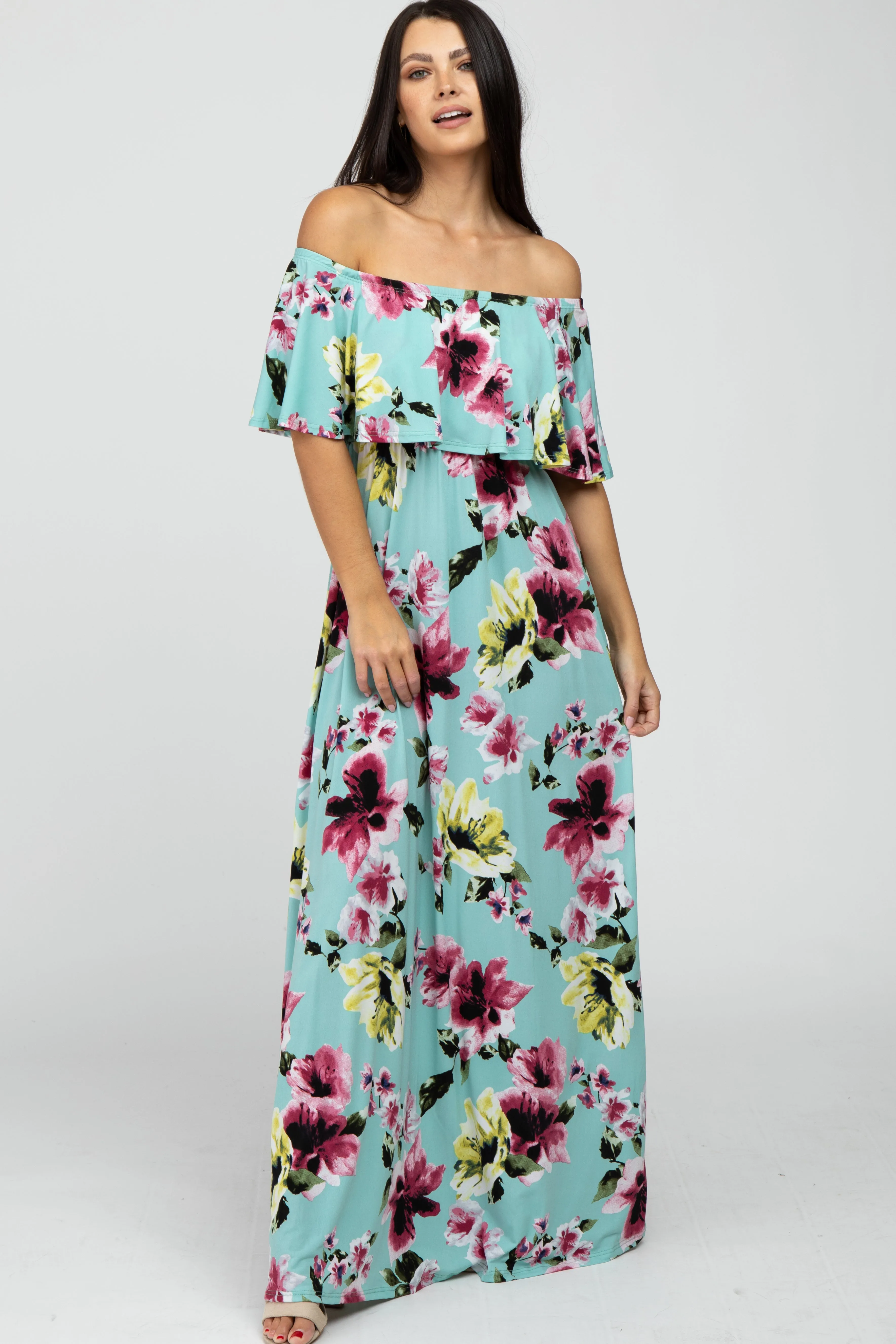 Mint Green Floral Off Shoulder Maxi Dress sold by Pinkblush