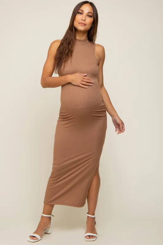 Taupe Ribbed Mock Neck Side Slit Maternity Maxi Dress sold by Pinkblush