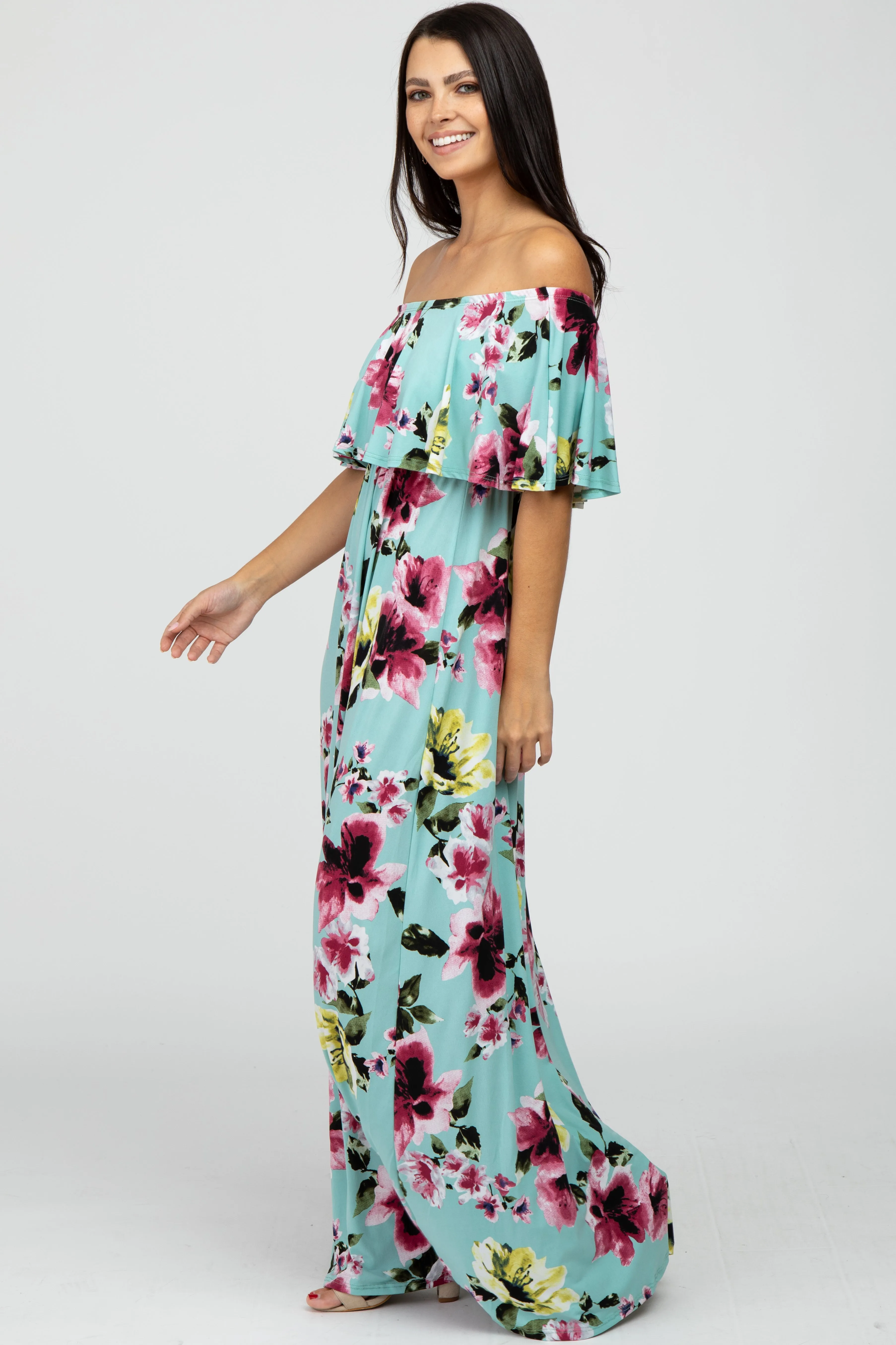 Mint Green Floral Off Shoulder Maxi Dress sold by Pinkblush product image thumbnail 2