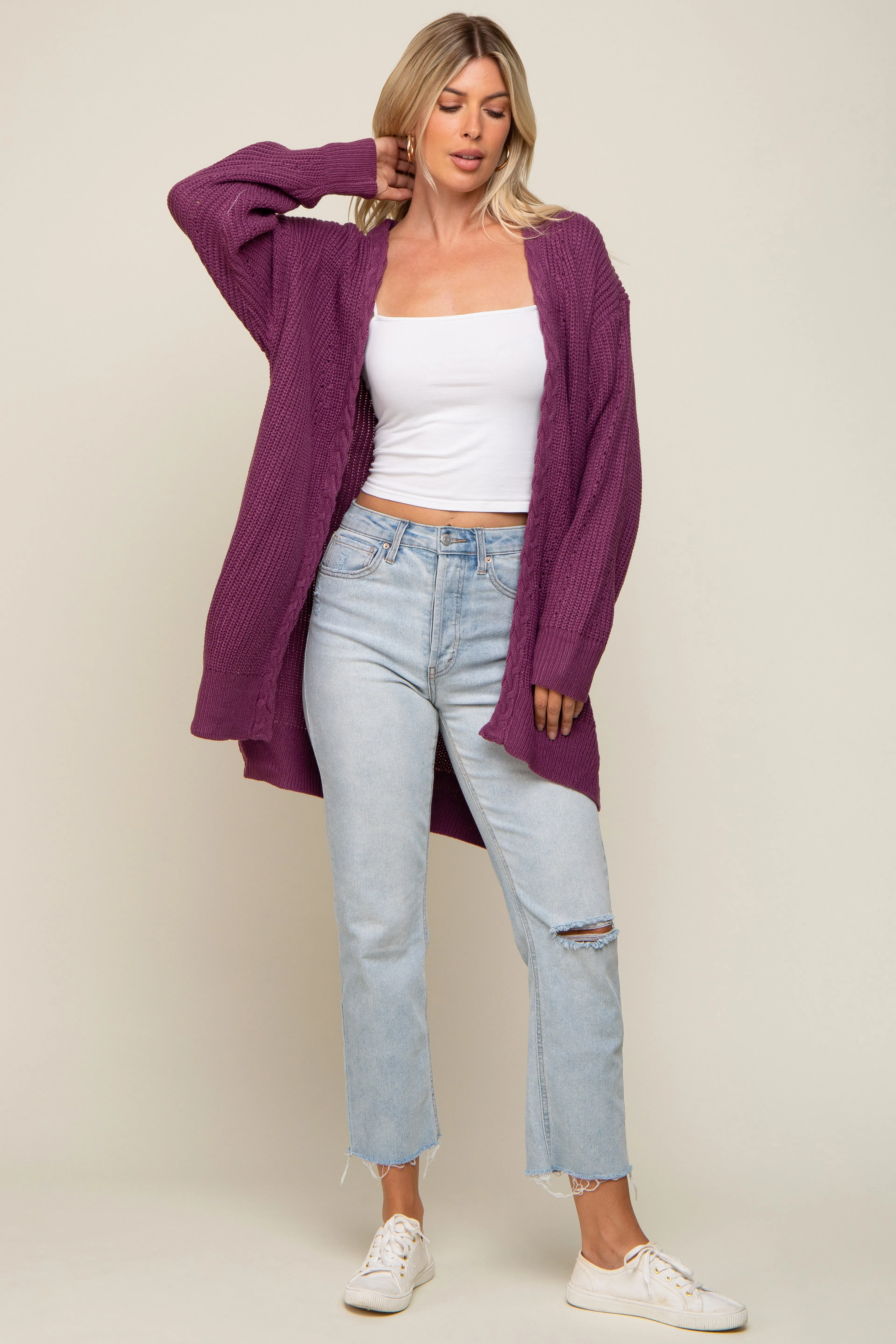 Plum Cable Knit Accent Cardigan sold by Pinkblush product image thumbnail 4