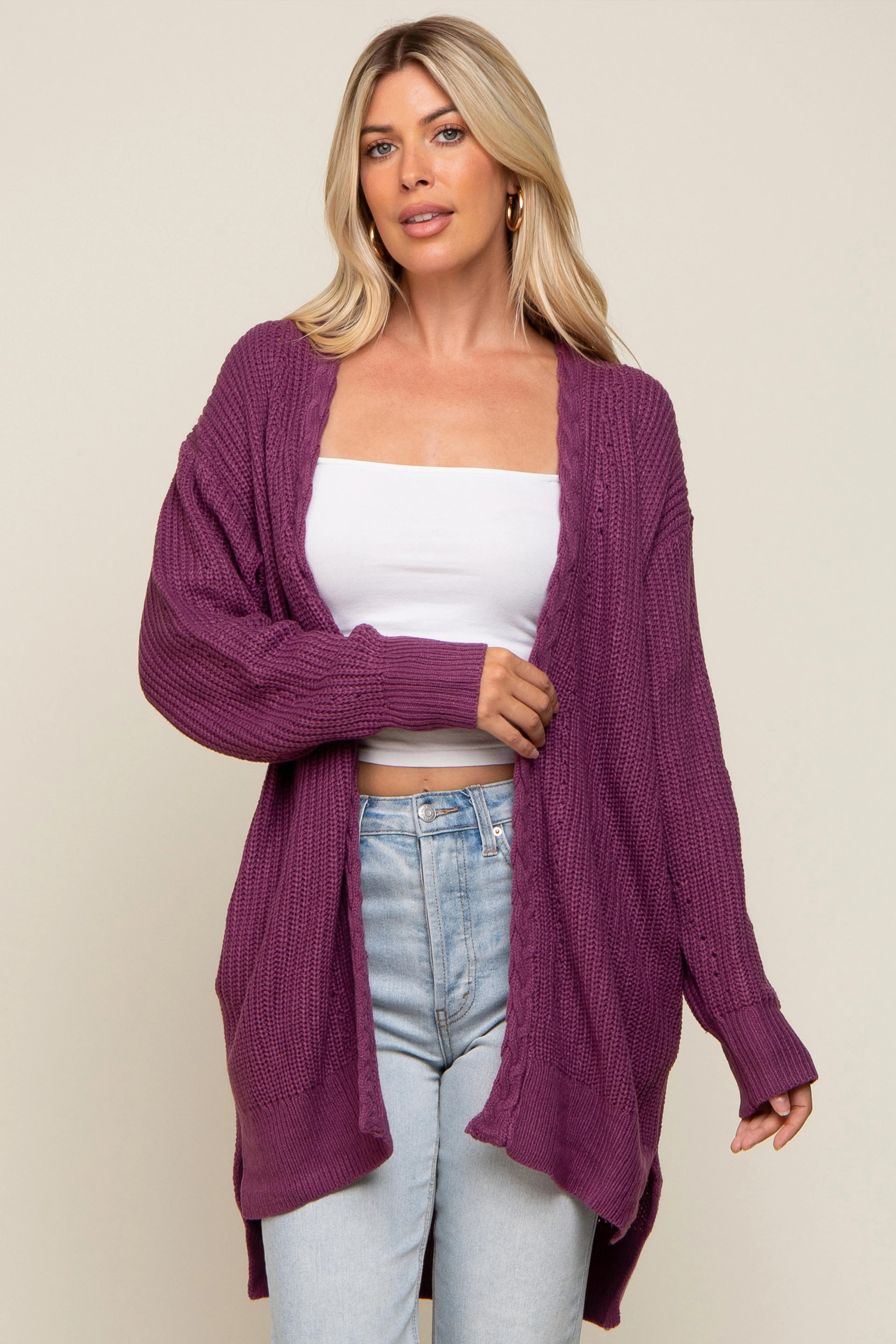 Plum Cable Knit Accent Cardigan sold by Pinkblush