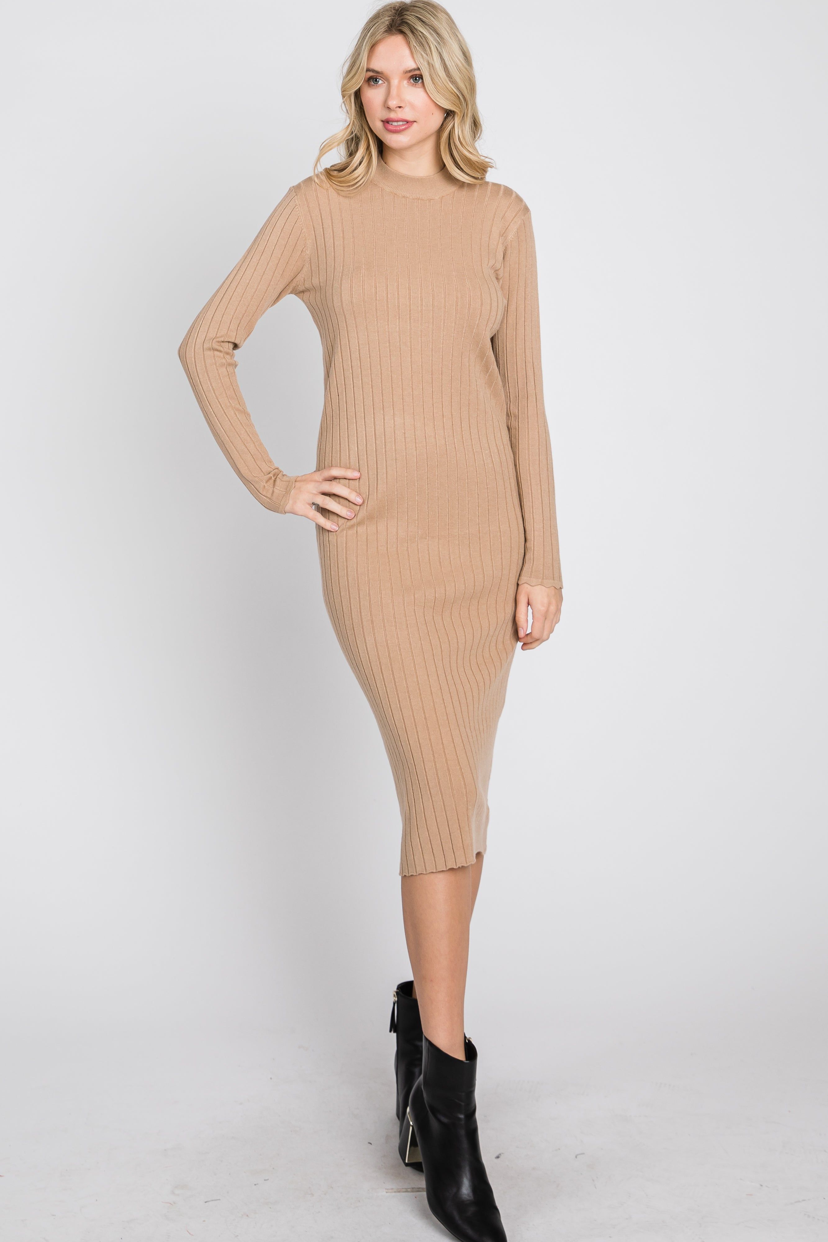 Beige Knit Mock Neck Midi Dress sold by Pinkblush product image thumbnail 4