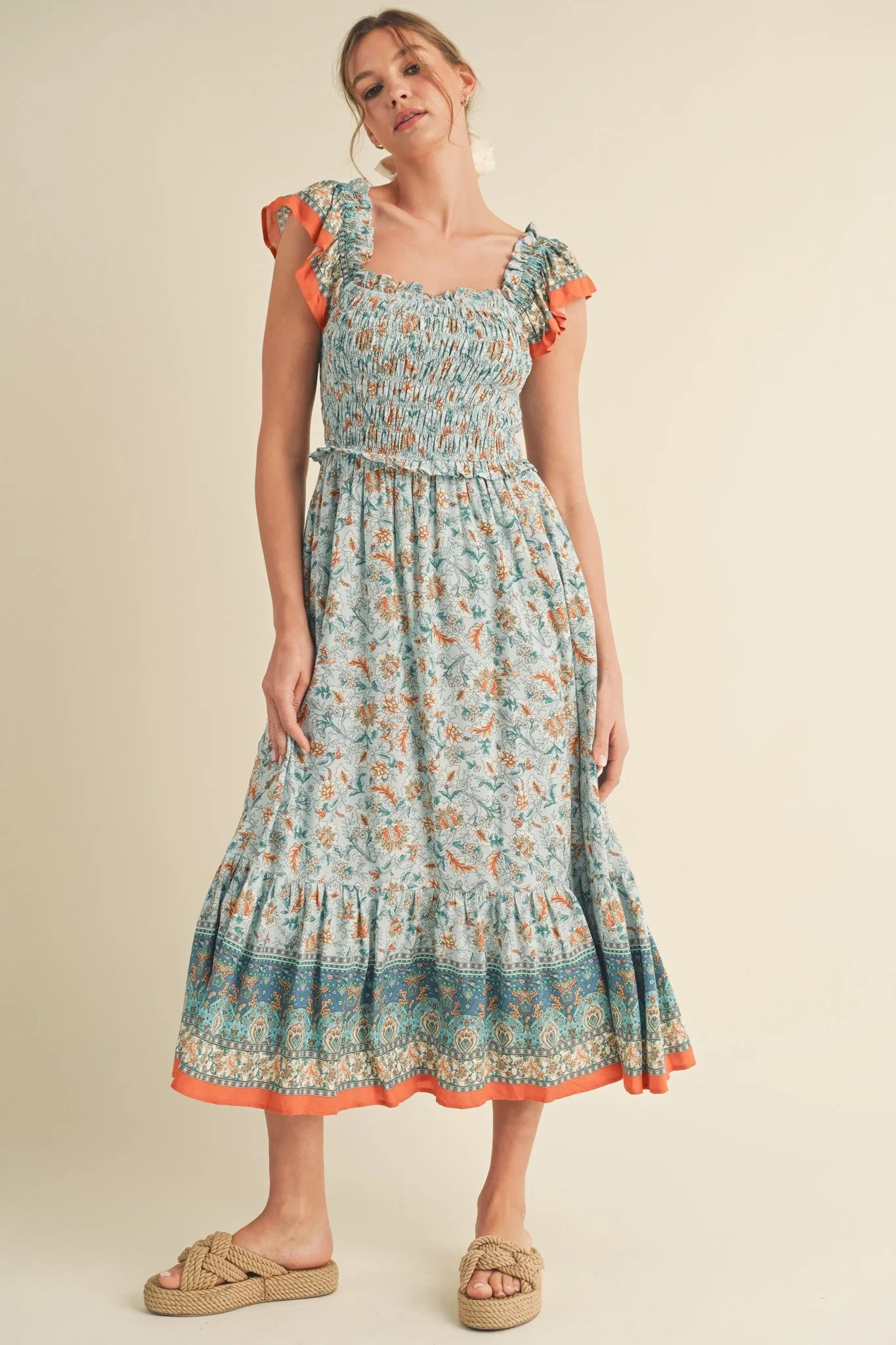 Light Blue Floral Smocked Midi Dress sold by Pinkblush product image thumbnail 2