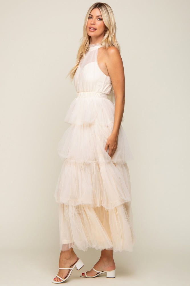 Cream Tulle Halter Ruffle Tiered Midi Dress sold by Pinkblush product image thumbnail 2