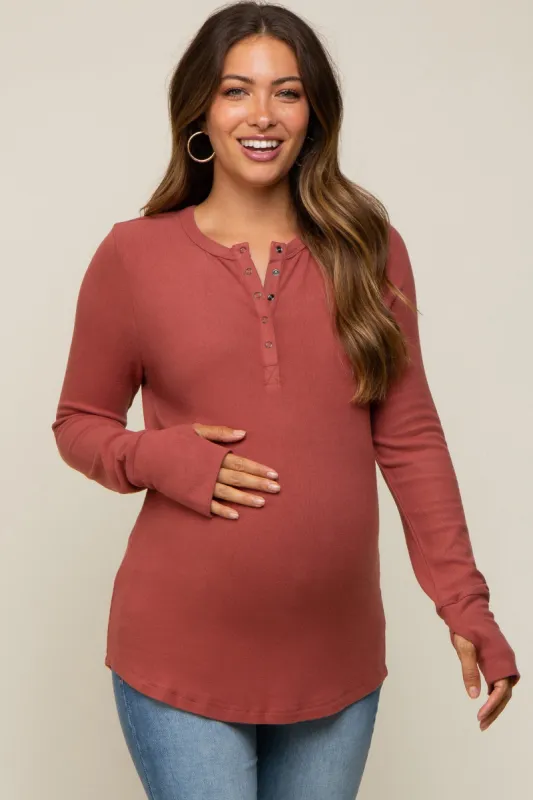 Rust Button Front Soft Knit Long Sleeve Henley Maternity Top sold by Pinkblush