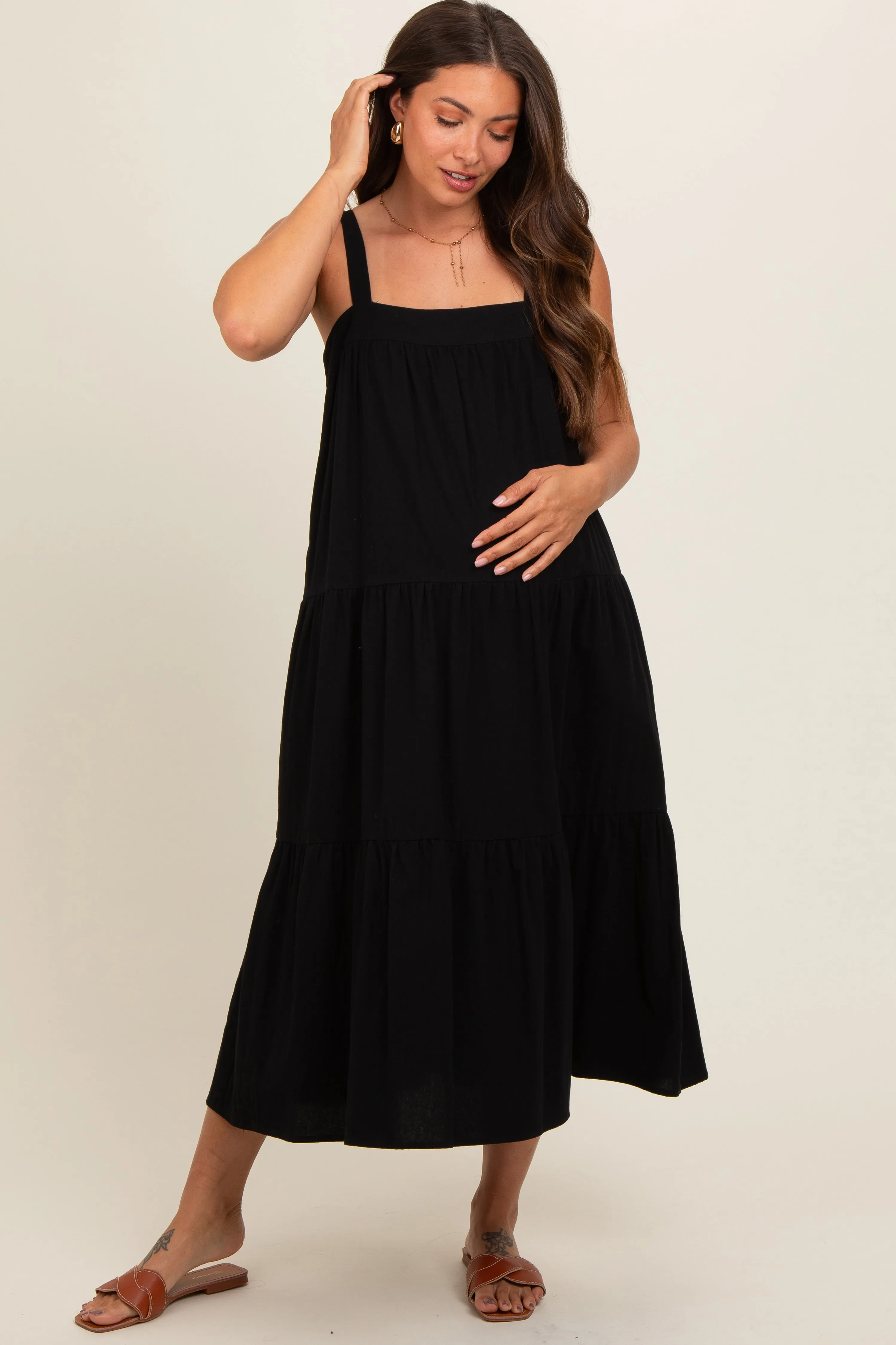 Black Tiered Maternity Midi Dress sold by Pinkblush