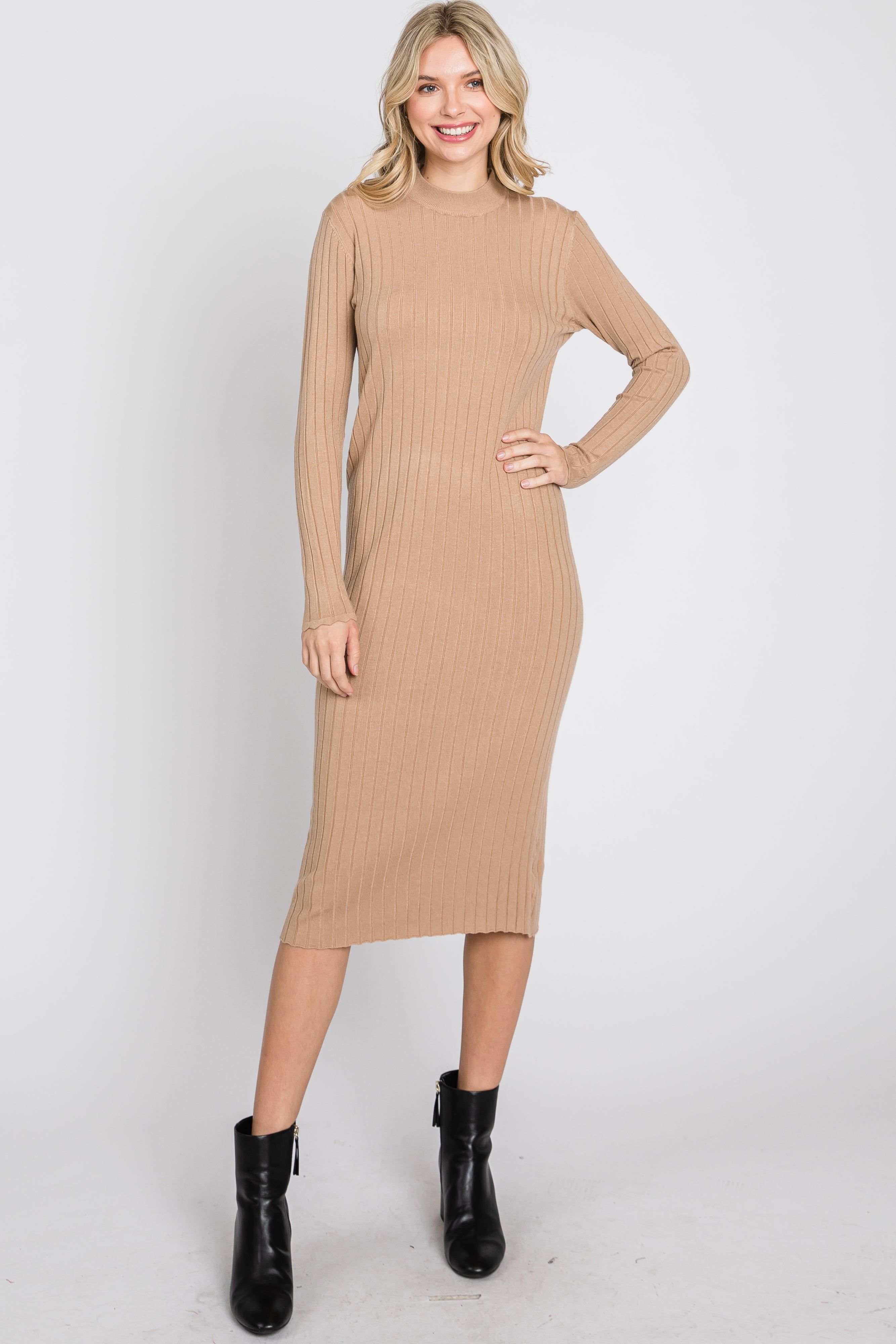 Beige Knit Mock Neck Midi Dress sold by Pinkblush product image thumbnail 2