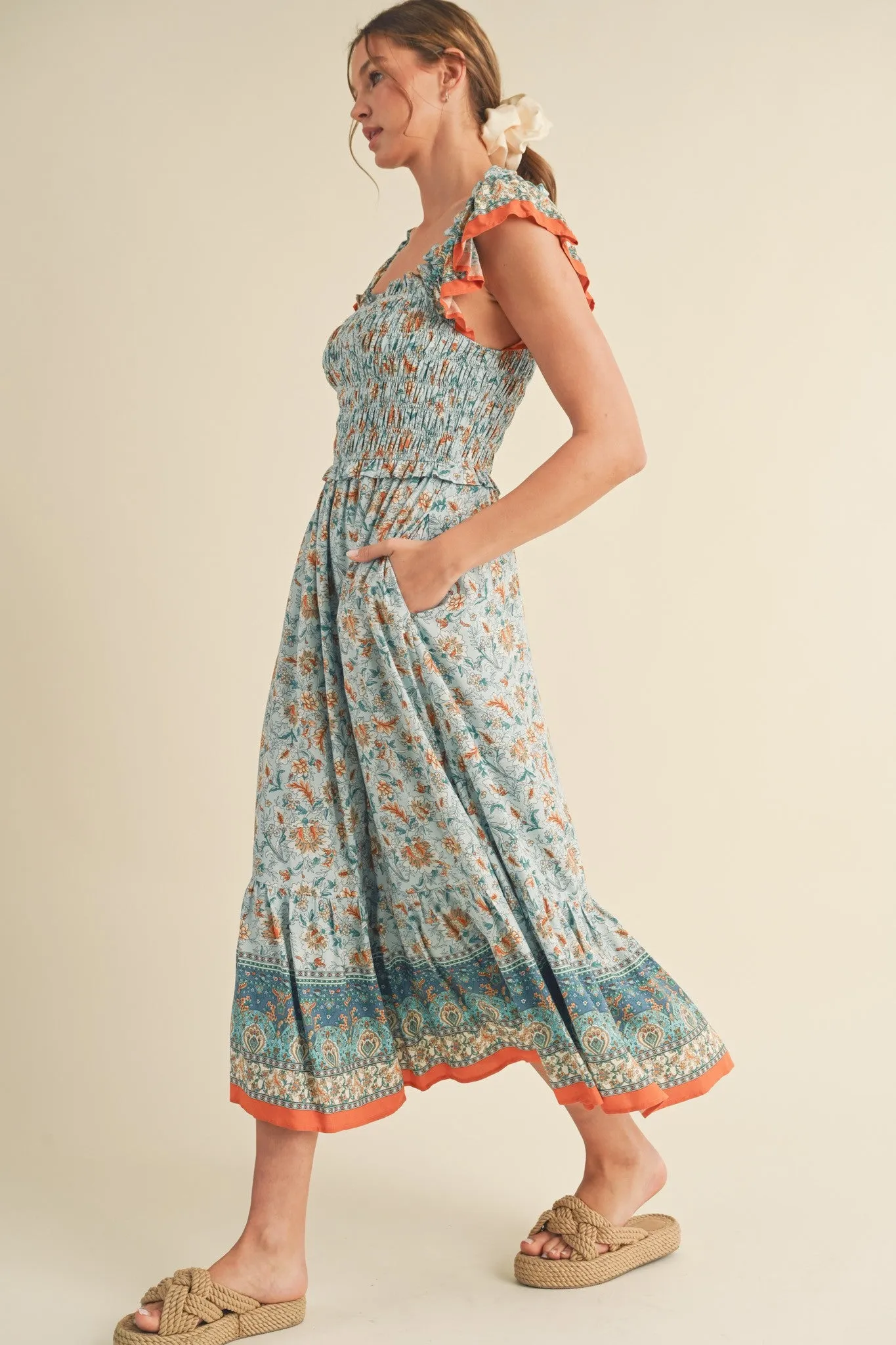 Light Blue Floral Smocked Midi Dress sold by Pinkblush product image thumbnail 3