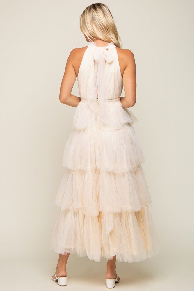 Cream Tulle Halter Ruffle Tiered Midi Dress sold by Pinkblush product image thumbnail 3