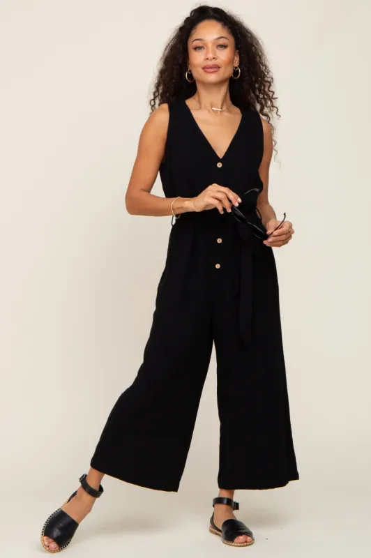 Black Sleeveless Button Front Cropped Jumpsuit sold by Pinkblush