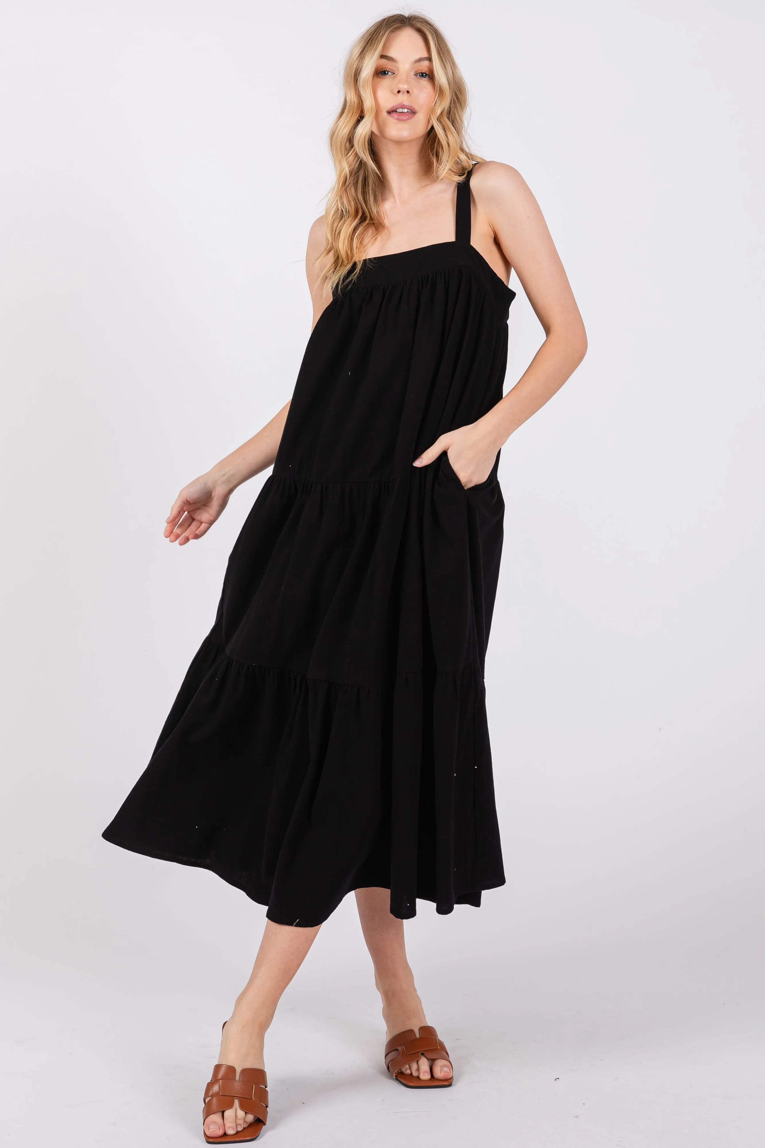 Black Tiered Maternity Midi Dress sold by Pinkblush product image thumbnail 4