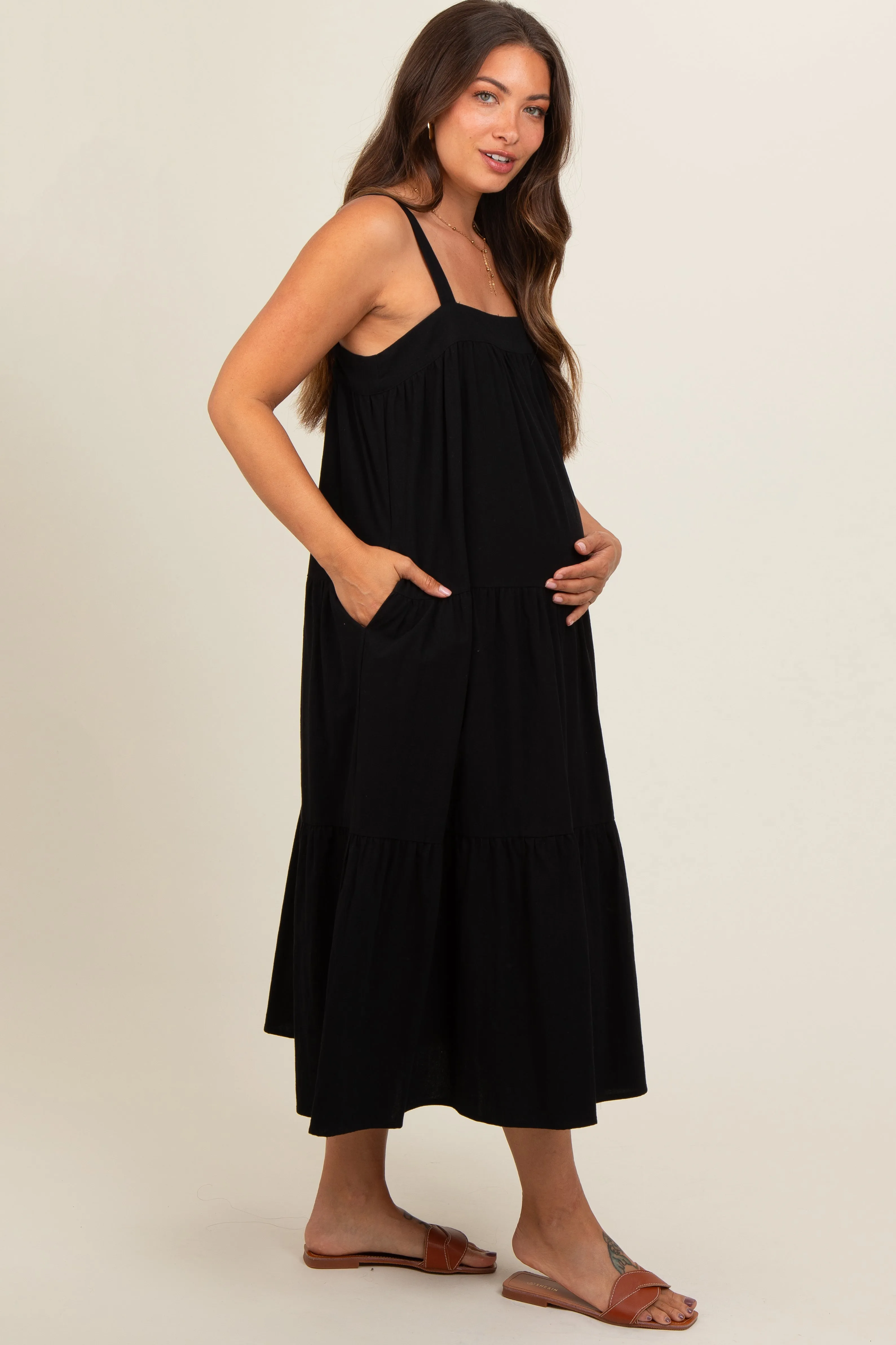 Black Tiered Maternity Midi Dress sold by Pinkblush product image thumbnail 2