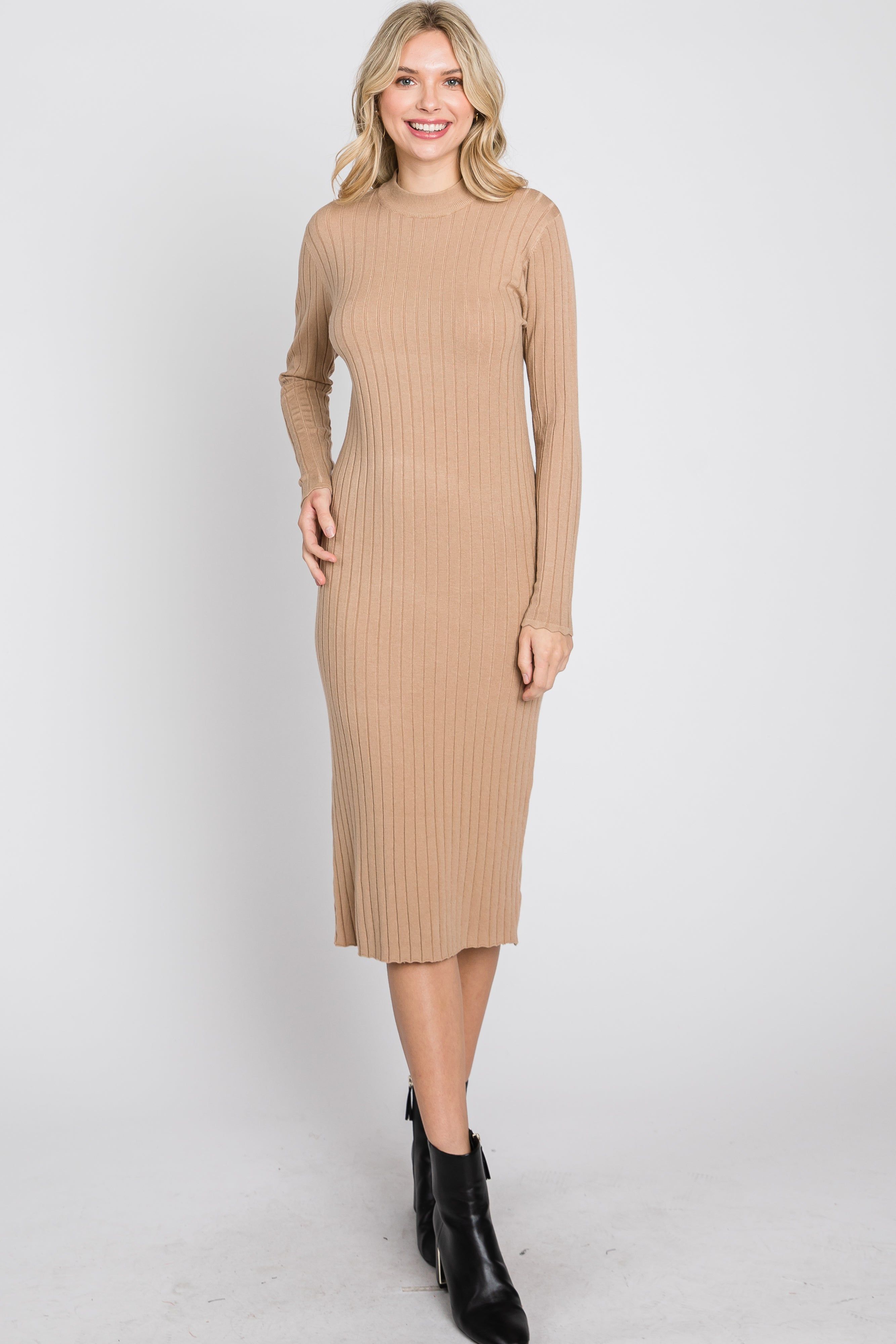 Beige Knit Mock Neck Midi Dress sold by Pinkblush product image thumbnail 3