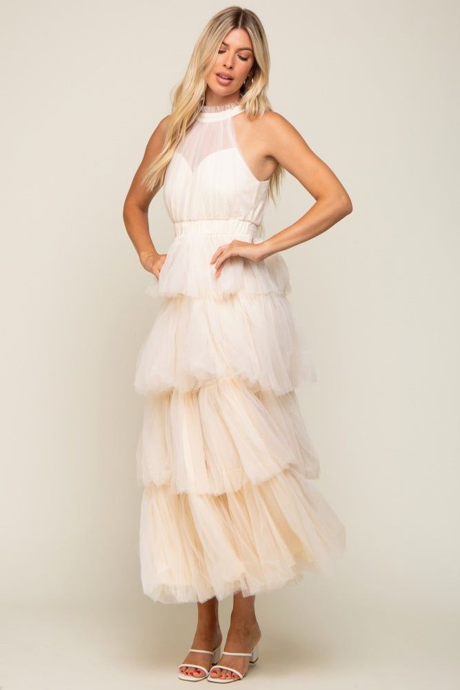 Cream Tulle Halter Ruffle Tiered Midi Dress sold by Pinkblush product image thumbnail 4