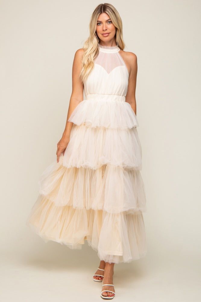 Cream Tulle Halter Ruffle Tiered Midi Dress sold by Pinkblush