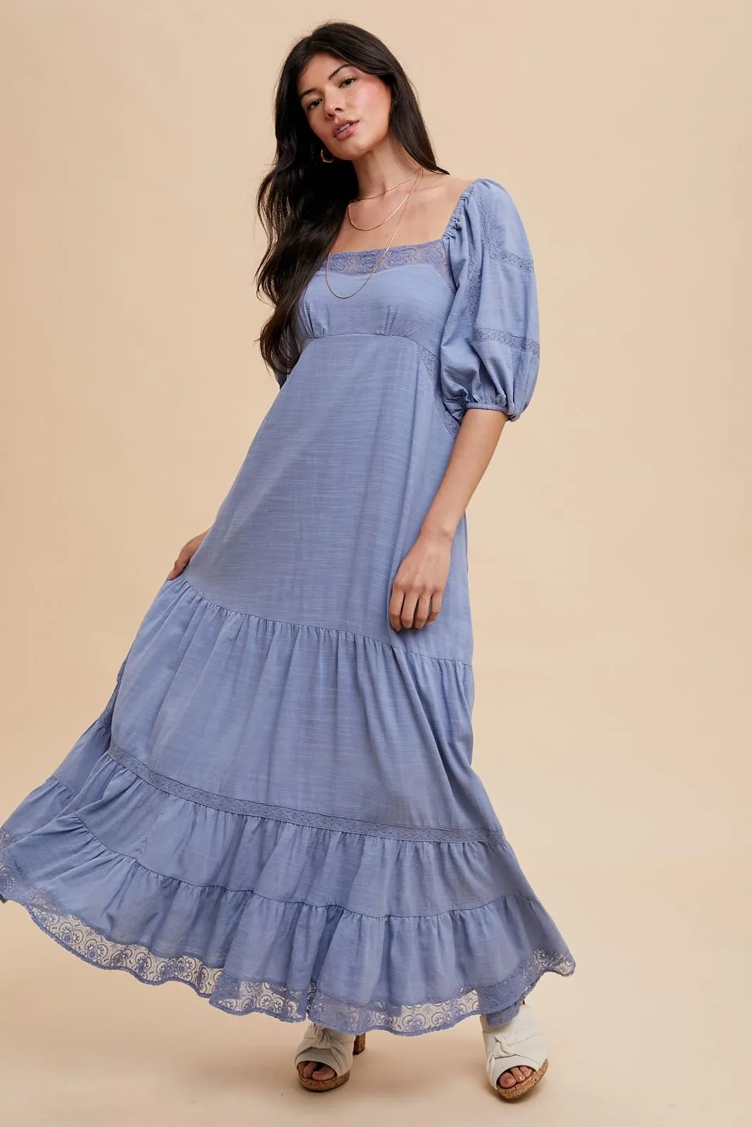 Blue Lace Insert Maxi Dress sold by Pinkblush