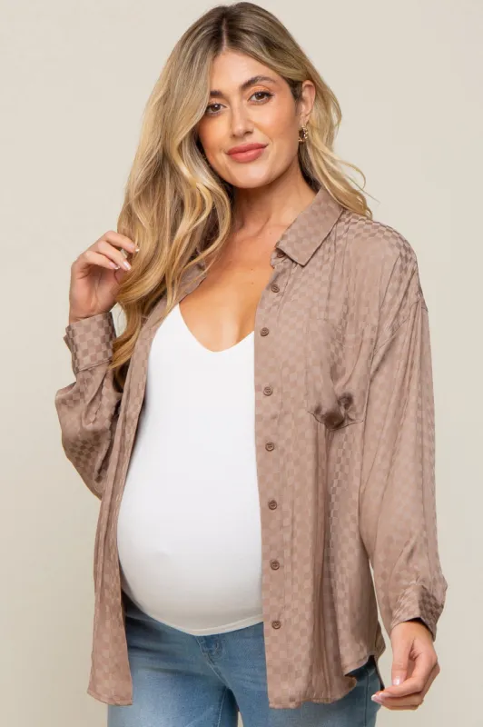 Brown Satin Checkered Button-Down Long Sleeve Maternity Top sold by Pinkblush