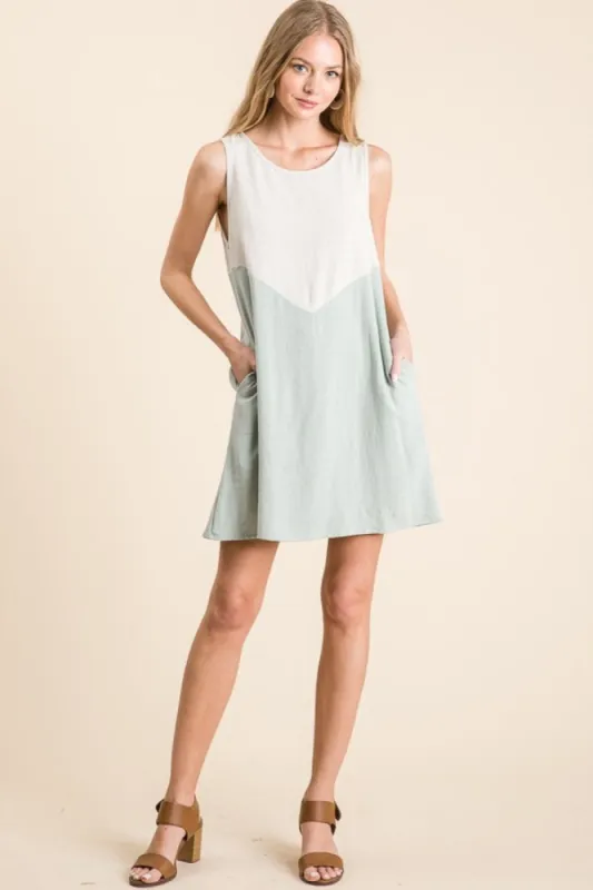 Sage Solid Linen Colorblock A Line Dress sold by Pinkblush