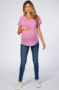 Mauve V-Neck Raw Hem Maternity Short Sleeve Top sold by Pinkblush