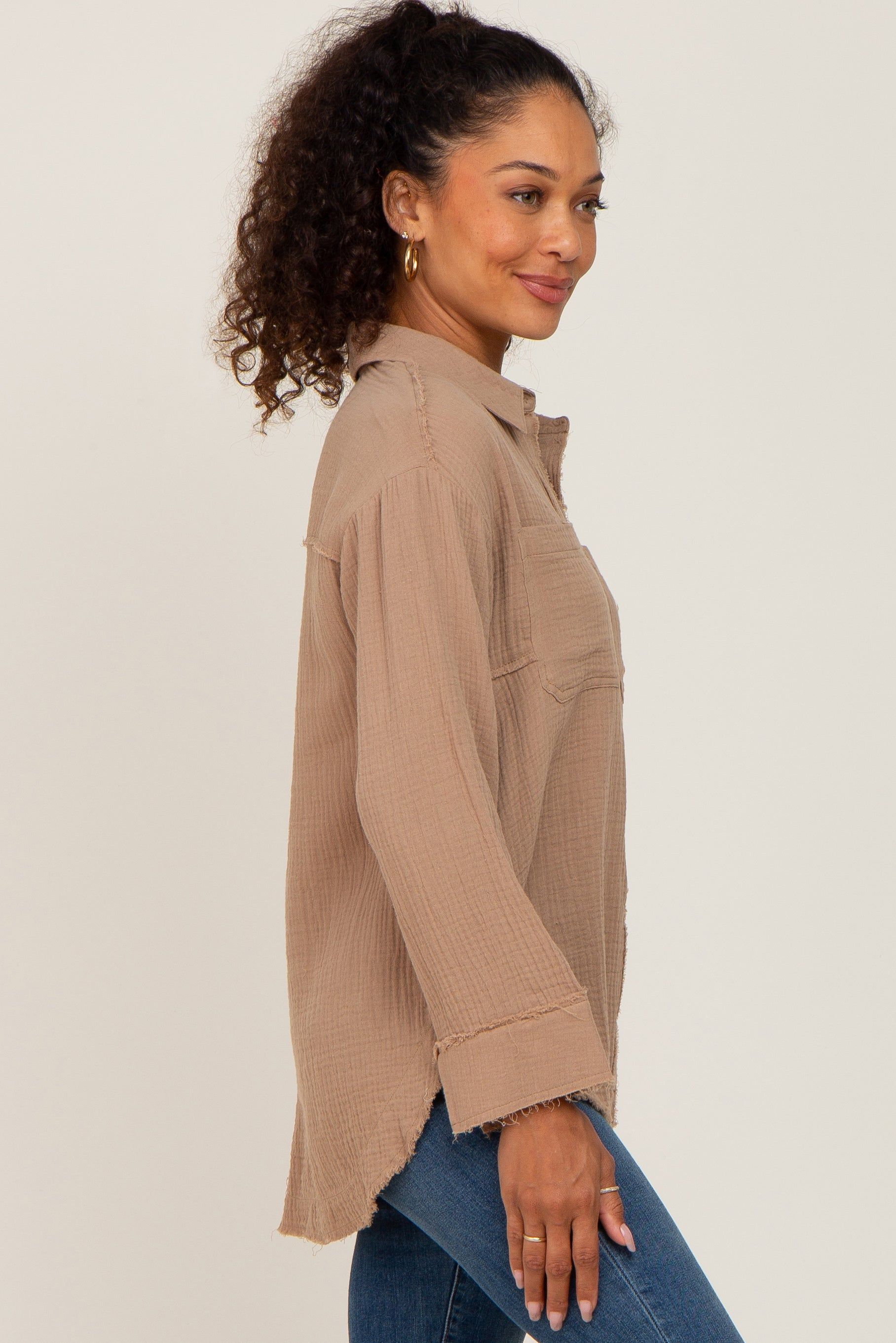 Mocha Button Down Collared Frayed Top sold by Pinkblush product image thumbnail 2