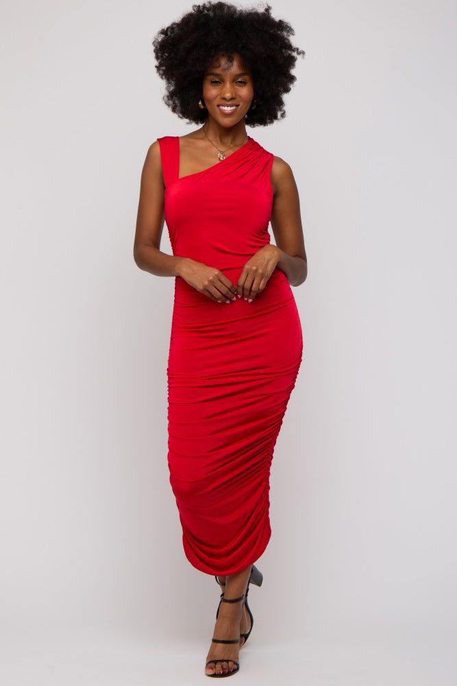 Red Asymmetrical Ruched Midi Dress sold by Pinkblush product image thumbnail 4