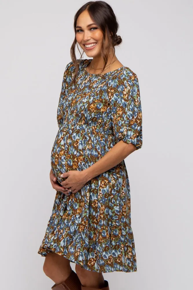 Brown Floral Smocked Puff Sleeve Maternity Dress sold by Pinkblush product image thumbnail 2