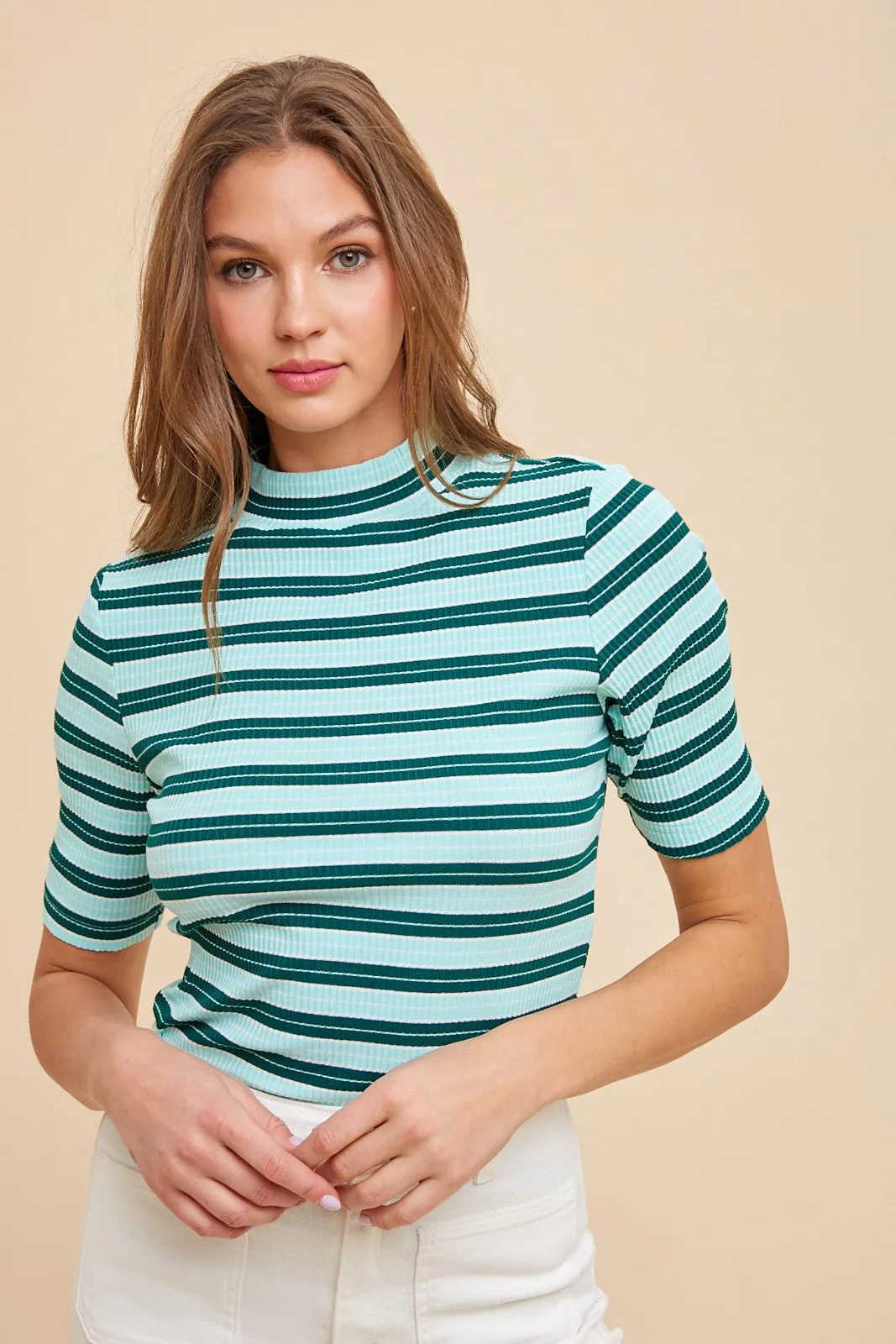 Mint Striped Ribbed Mock Neck Top sold by Pinkblush