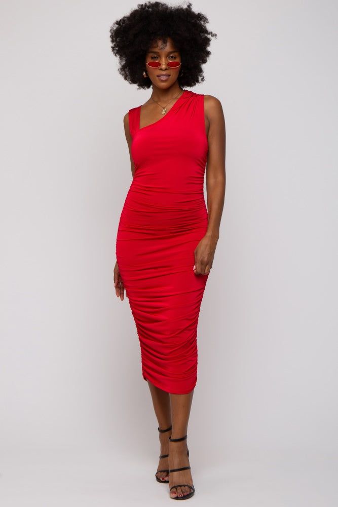Red Asymmetrical Ruched Midi Dress sold by Pinkblush product image thumbnail 5