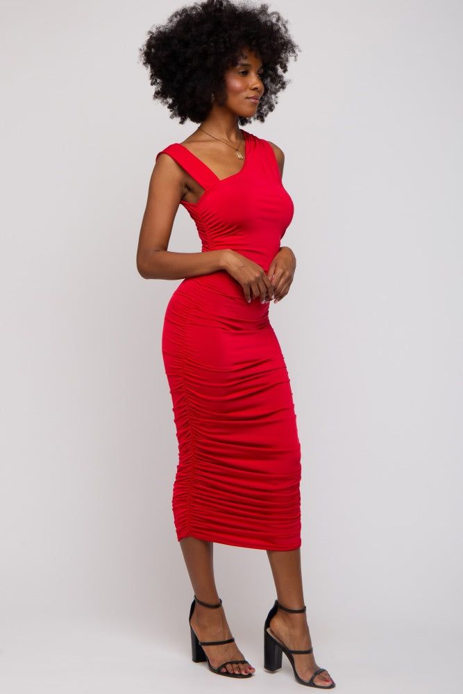 Red Asymmetrical Ruched Midi Dress sold by Pinkblush product image thumbnail 2