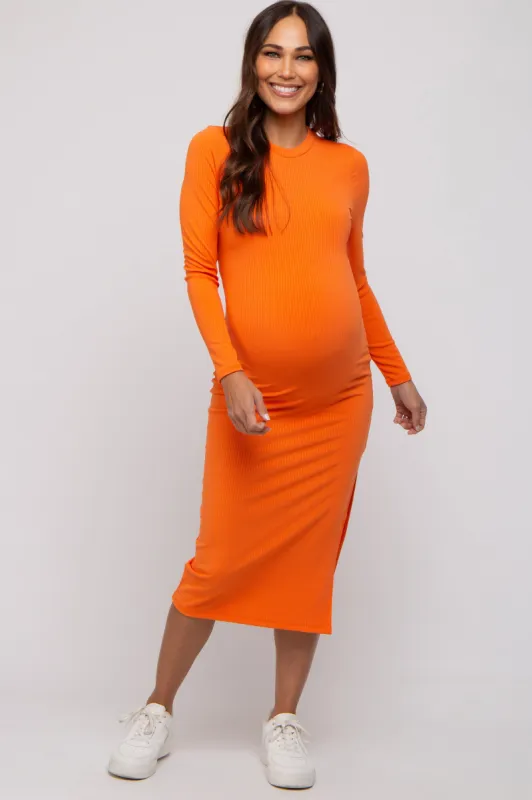 Orange Ribbed Mock Neck Long Sleeve Maternity Midi Dress sold by Pinkblush