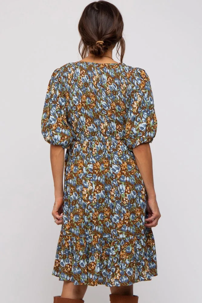 Brown Floral Smocked Puff Sleeve Maternity Dress sold by Pinkblush product image thumbnail 3
