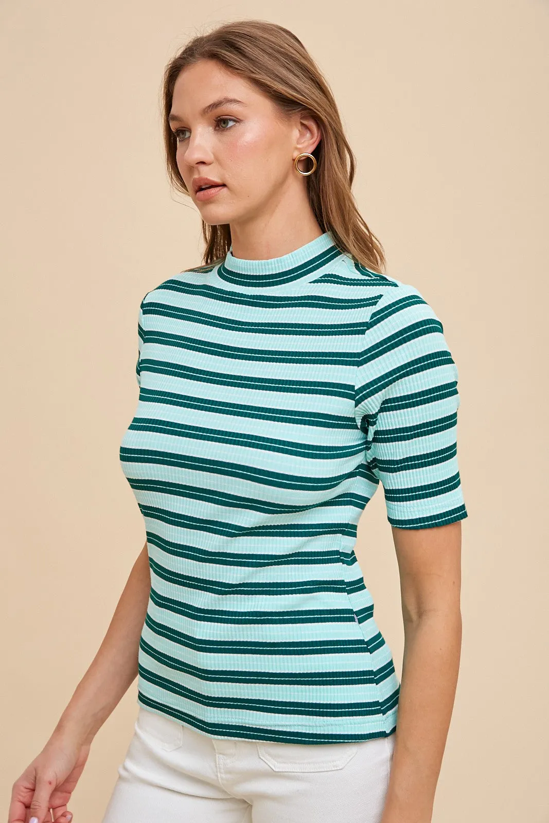 Mint Striped Ribbed Mock Neck Top sold by Pinkblush product image thumbnail 2