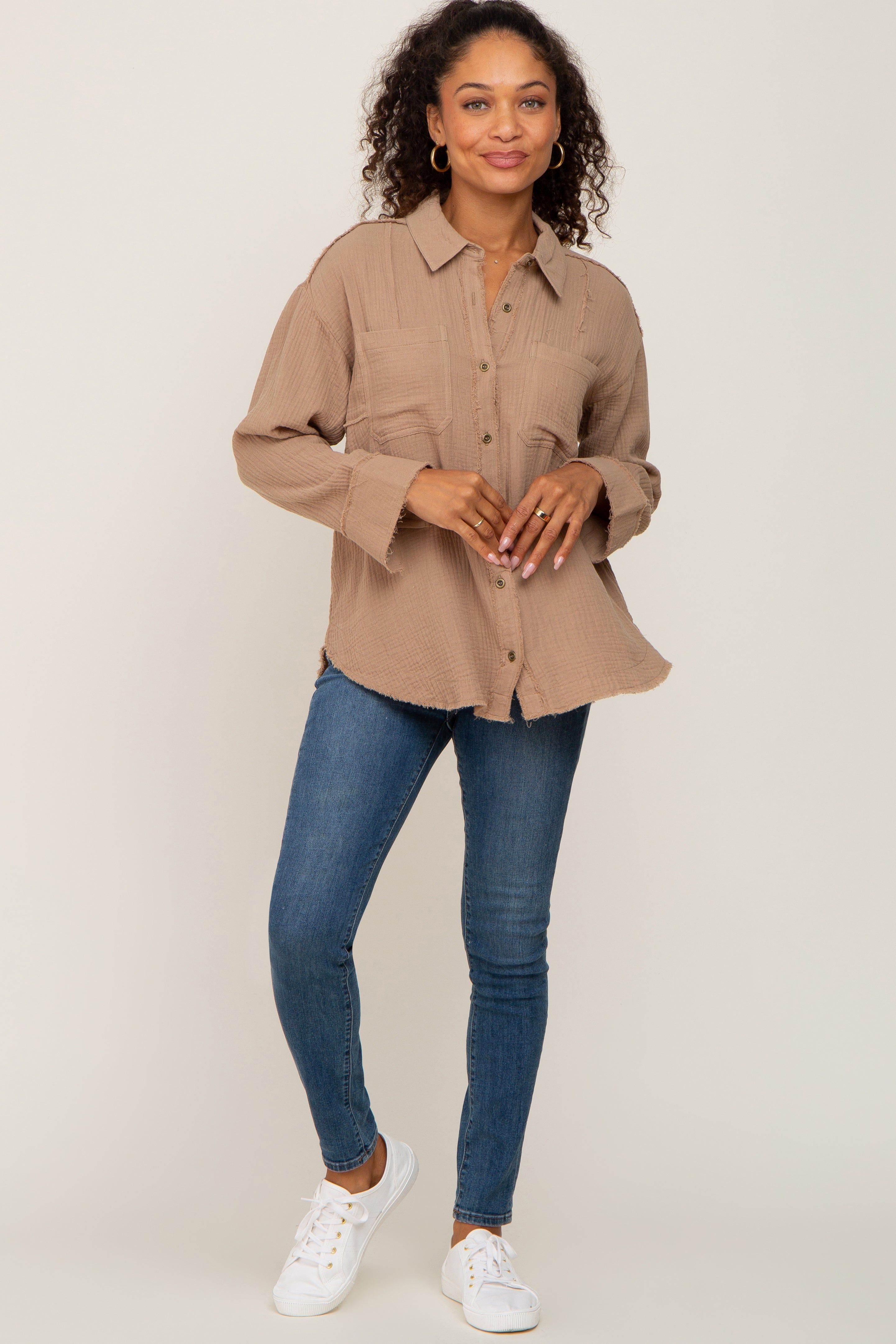 Mocha Button Down Collared Frayed Top sold by Pinkblush product image thumbnail 4