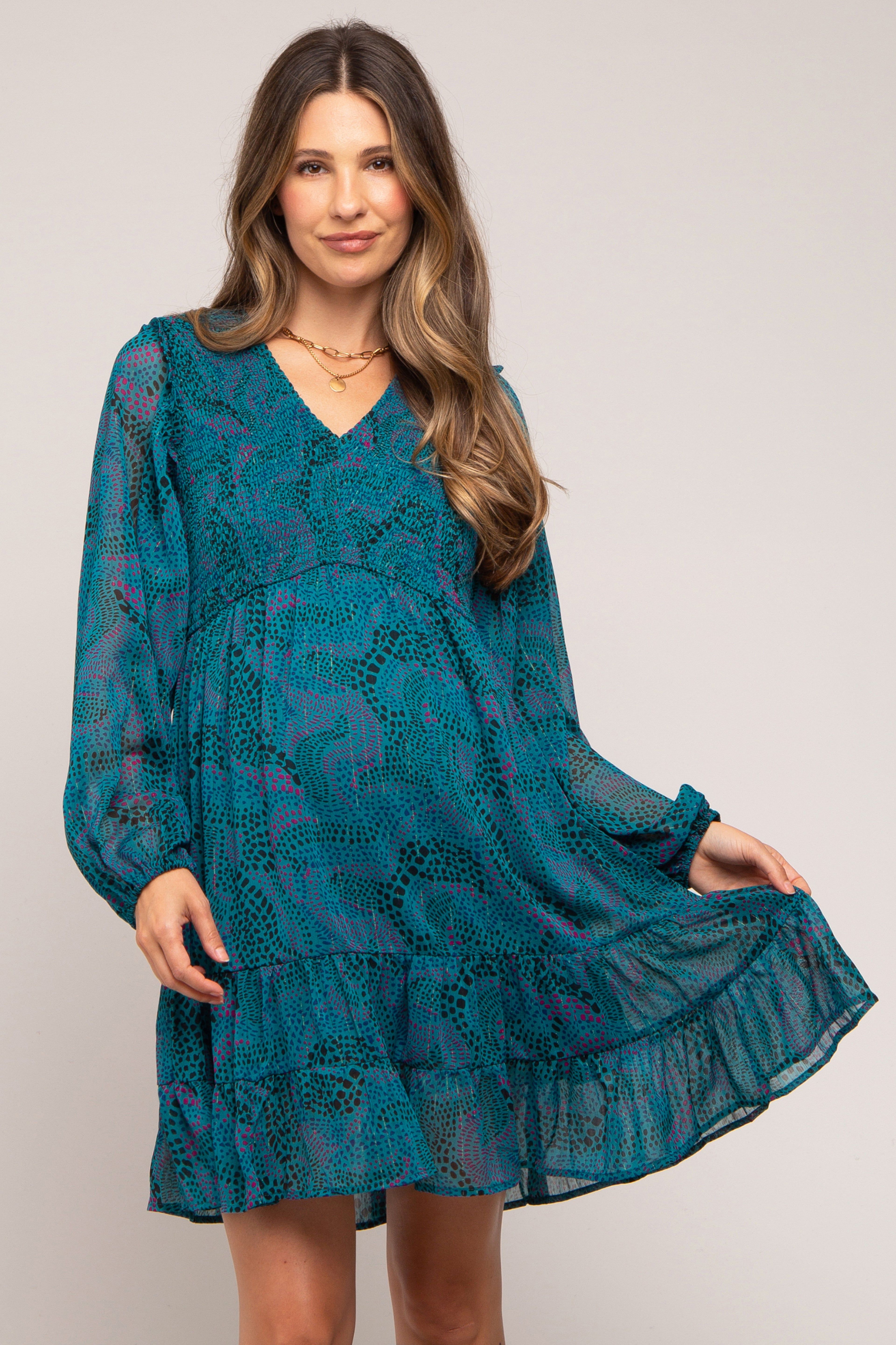 Teal Printed Smocked Long Sleeve Maternity Dress sold by Pinkblush product image thumbnail 3