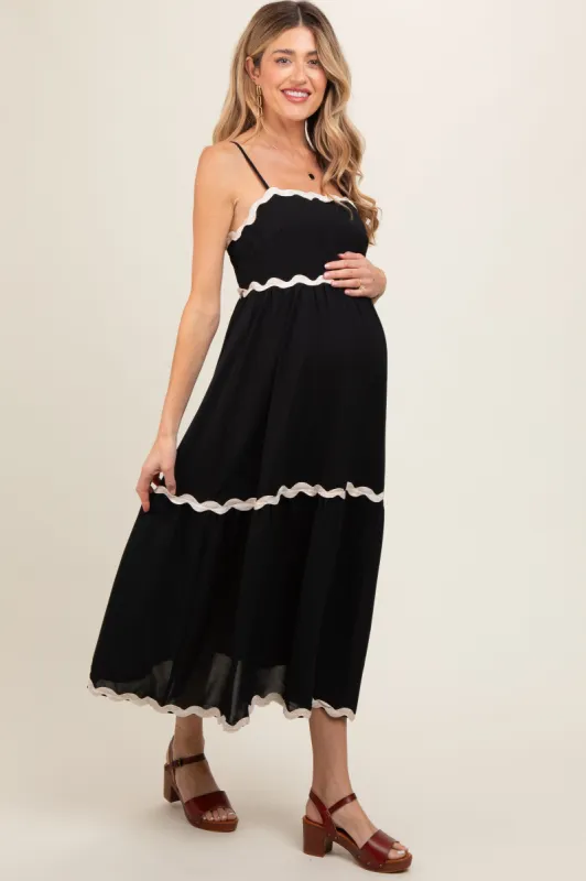 Black Ric Rac Trim Tiered Maternity Midi Dress sold by Pinkblush