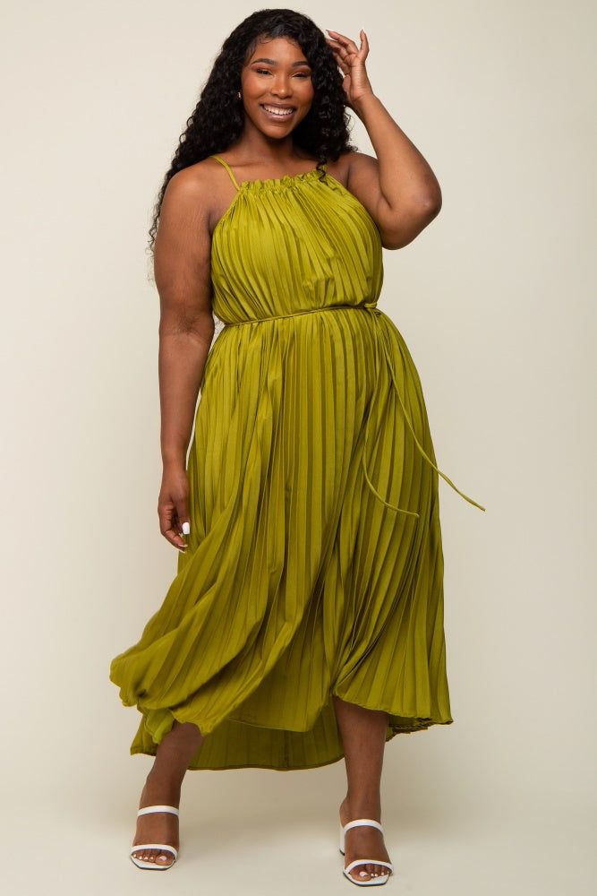 Lime Pleated Sleeveless Waist Tie Plus Maxi Dress sold by Pinkblush product image thumbnail 4