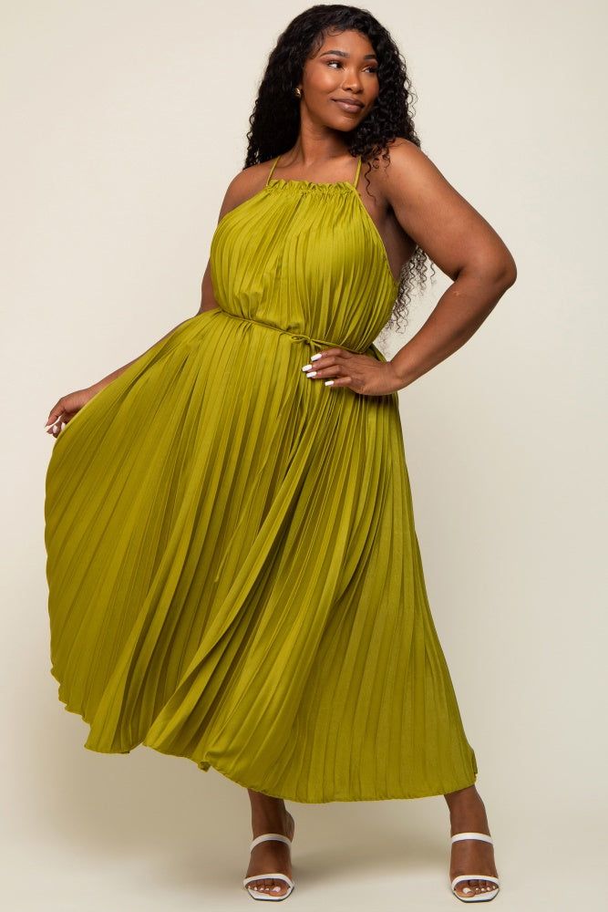 Lime Pleated Sleeveless Waist Tie Plus Maxi Dress sold by Pinkblush