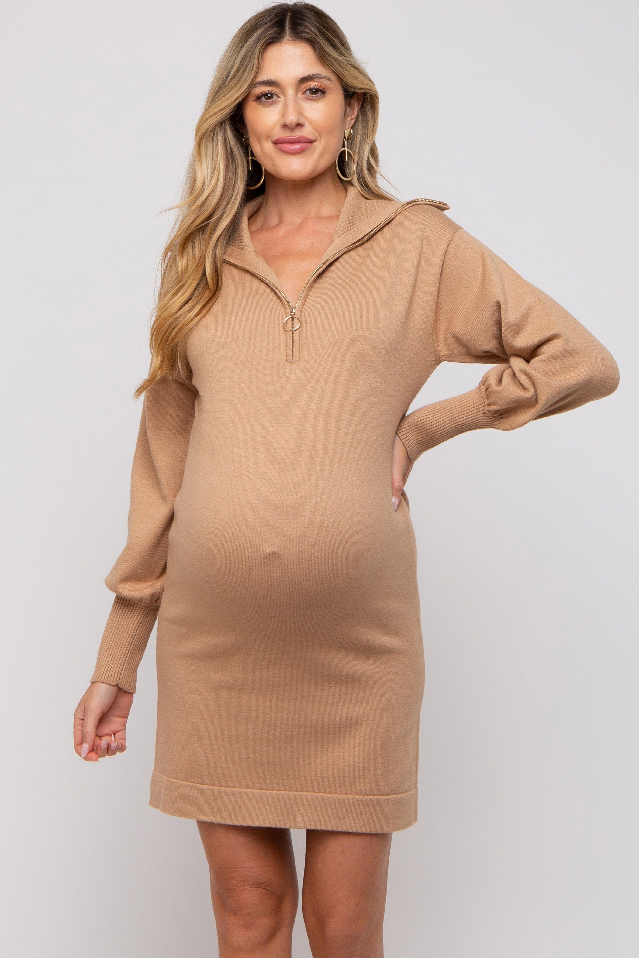 Taupe Knit Half Zip Maternity Mini Dress sold by Pinkblush product image thumbnail 2