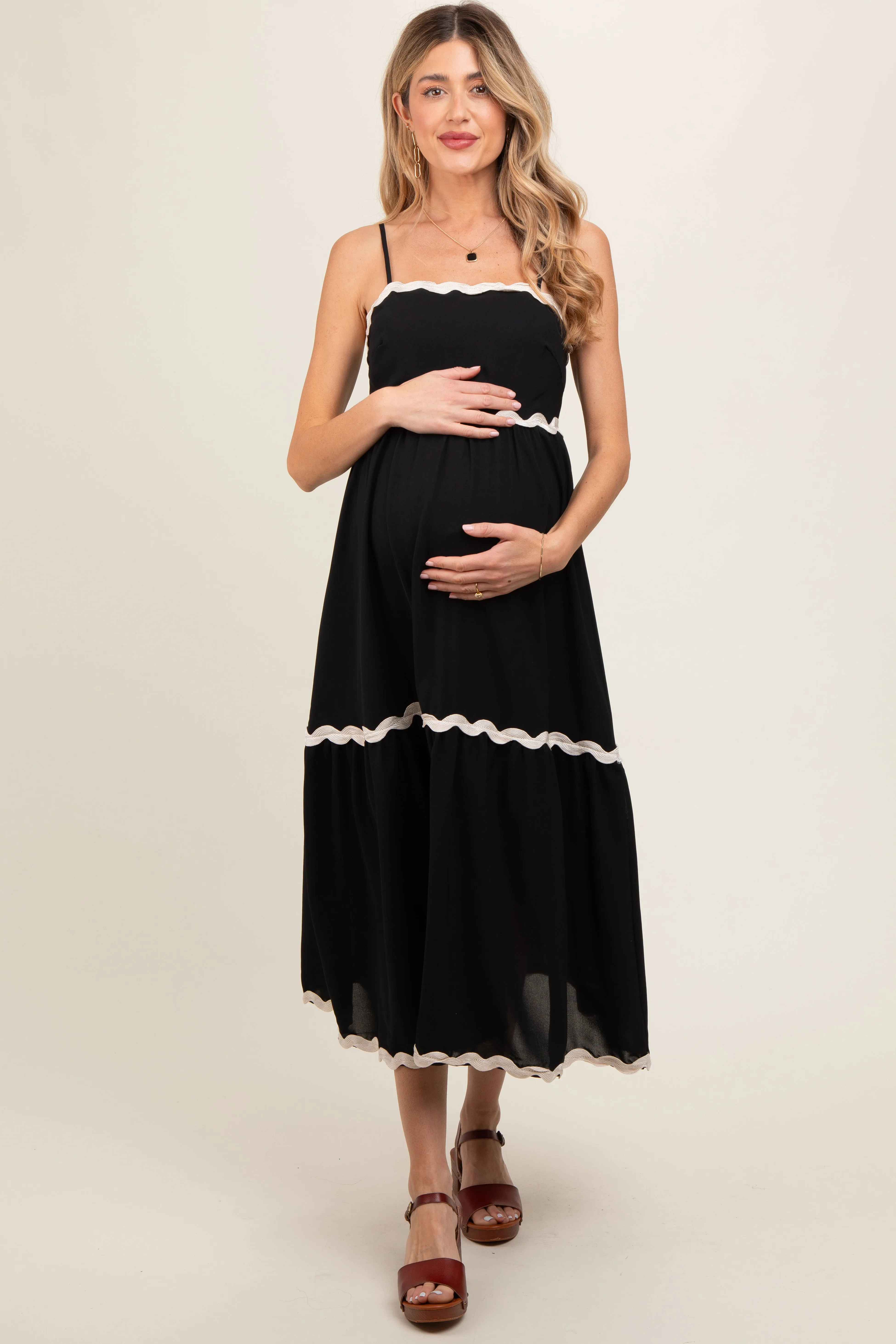 Black Ric Rac Trim Tiered Maternity Midi Dress sold by Pinkblush product image thumbnail 2